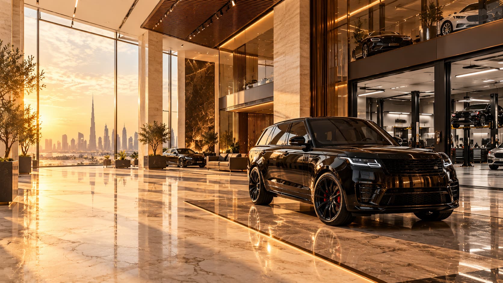 A black SUV in a marble showroom with the city behind the glass