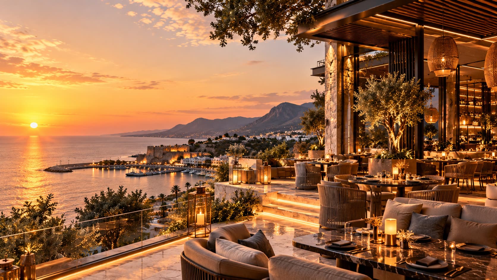 A restaurant terrace with lanterns overlooking the sea at sunset