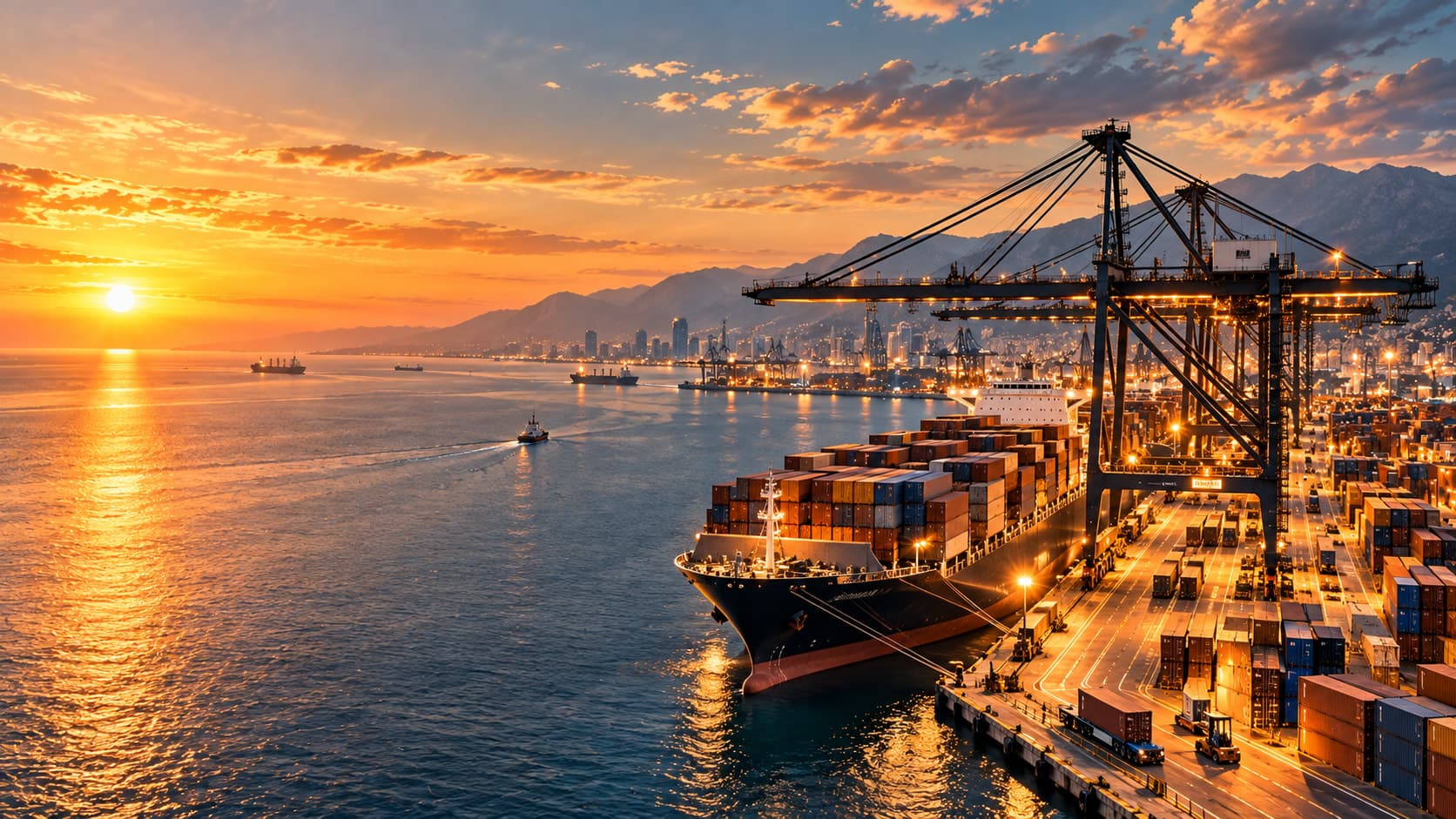A container ship and cranes at a port at sunset