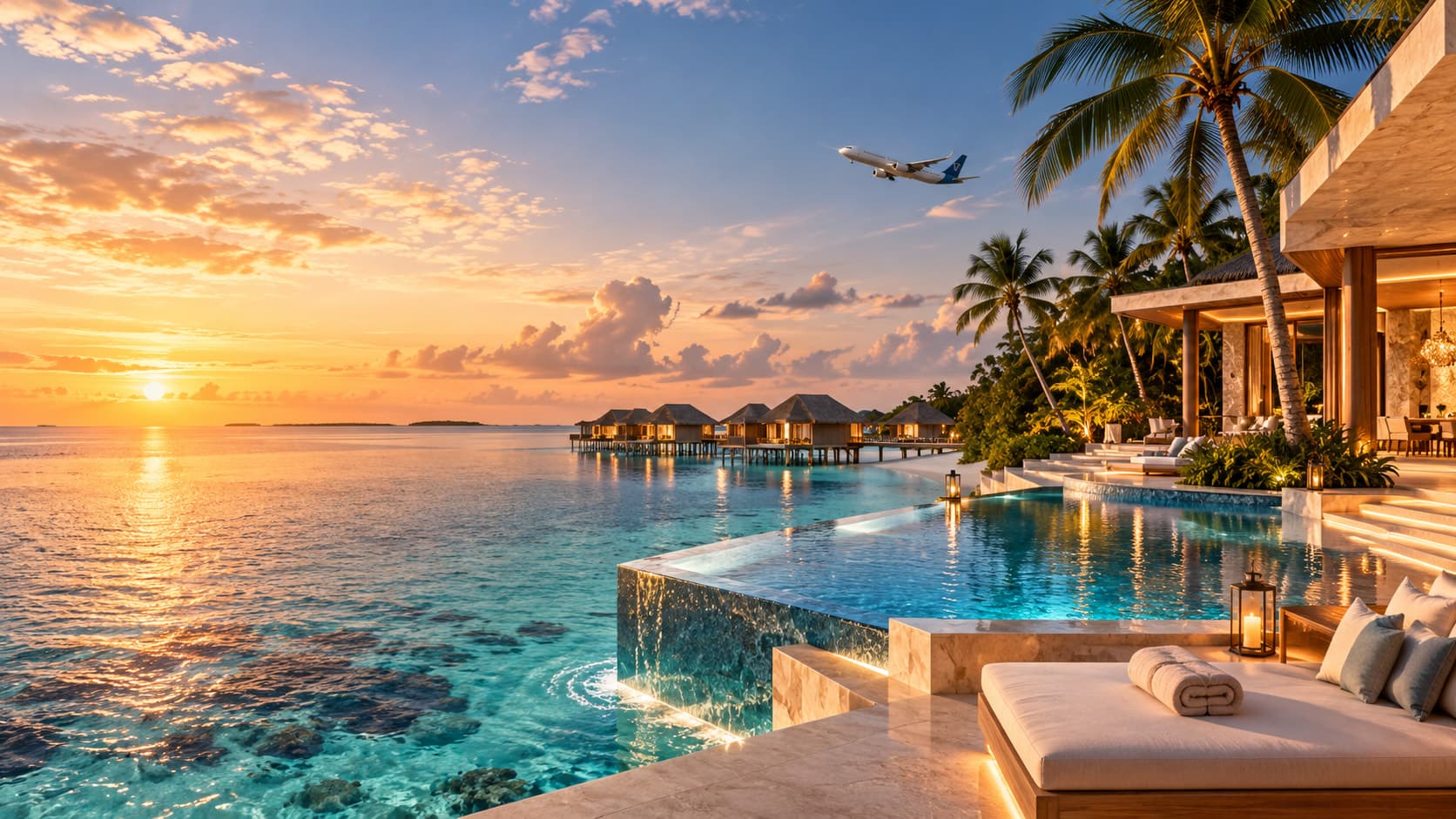 Overwater villas and an infinity pool by a turquoise sea at sunset, an airliner in the sky
