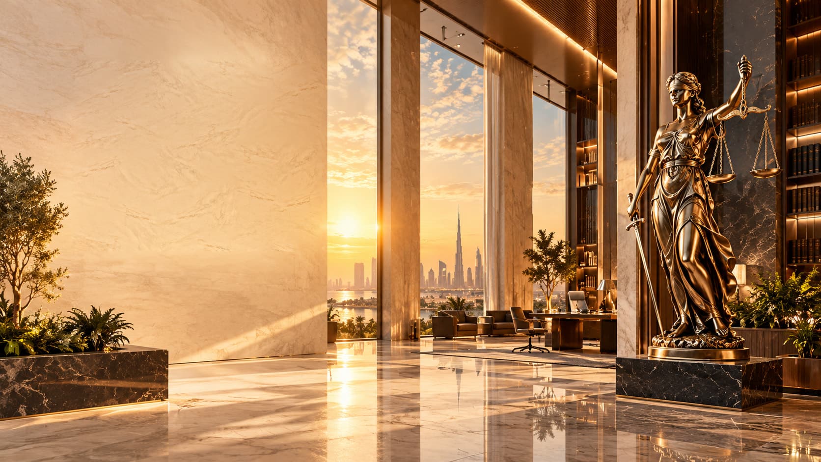 A law office lobby with a bronze statue of Lady Justice and tall bookshelves