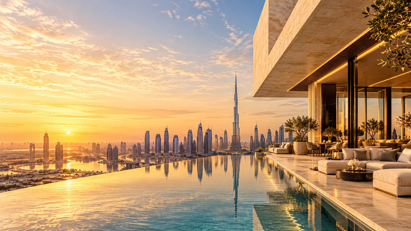 An infinity pool on a terrace facing the Dubai skyline at sunset
