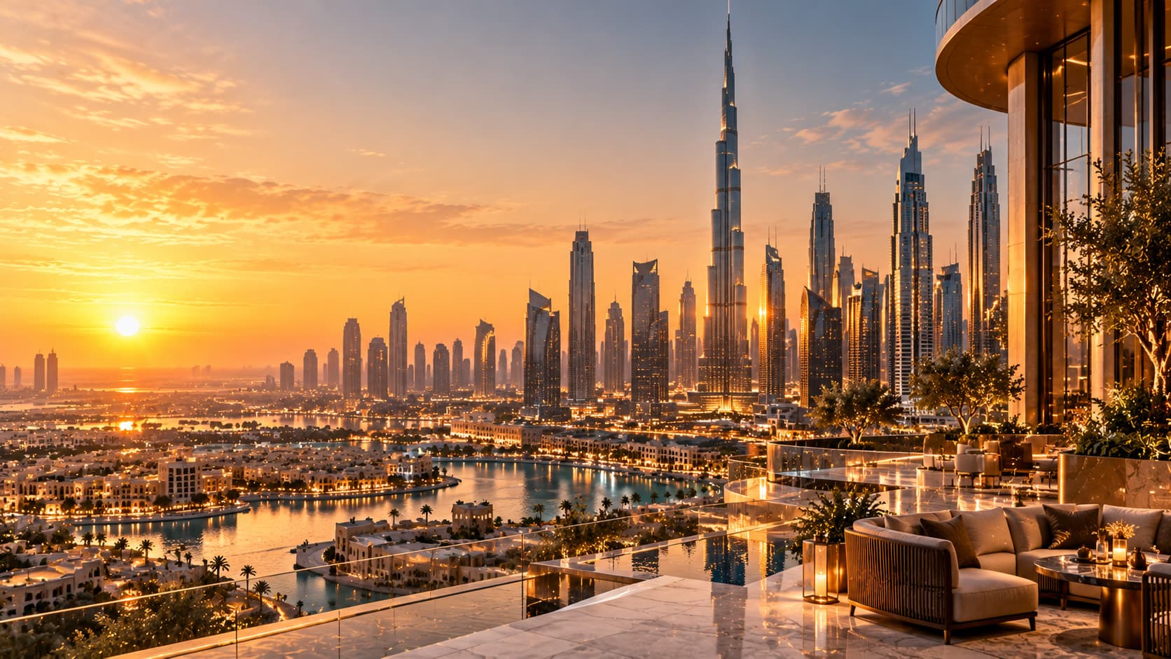 A lounge terrace above the Dubai skyline and marina at sunset